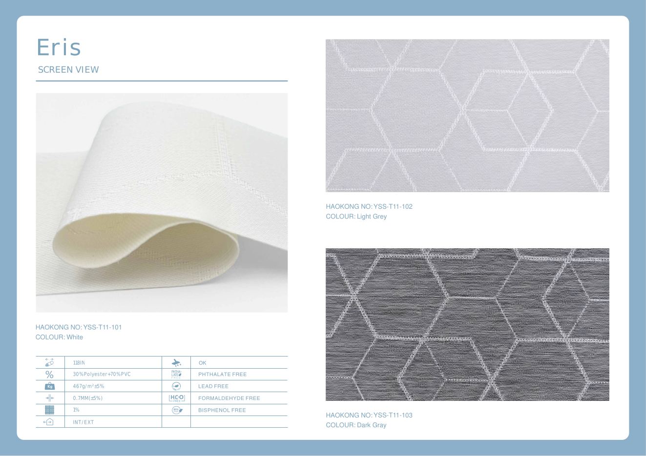 Eris Screen View supplier fabric sheet