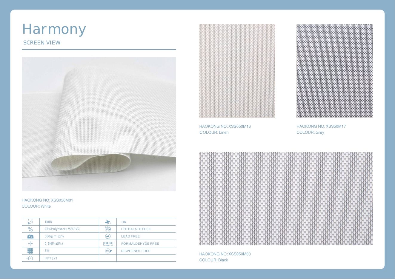 Harmony Screen View supplier fabric sheet