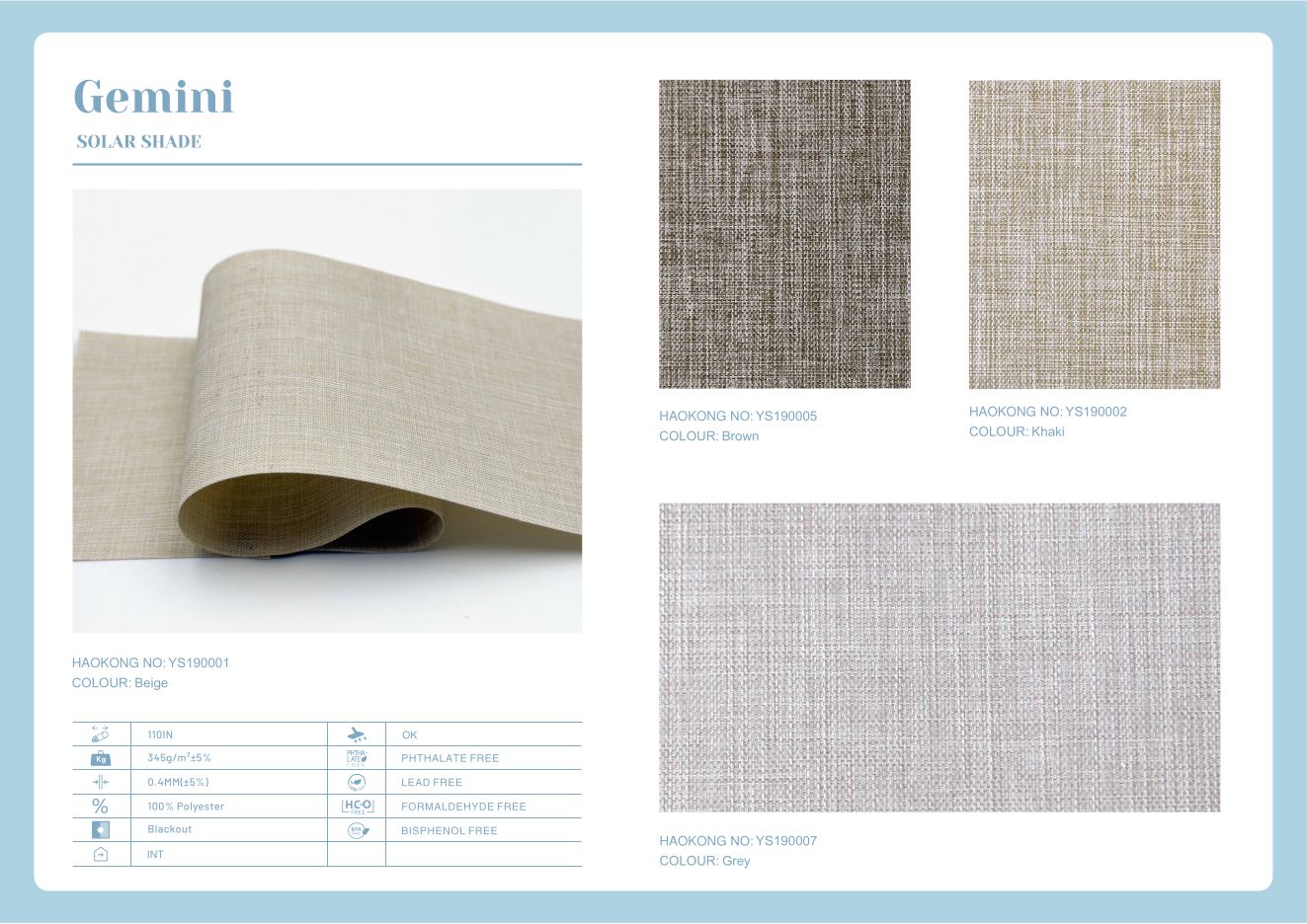 Gemini Solar Shades supplier fabric sheet