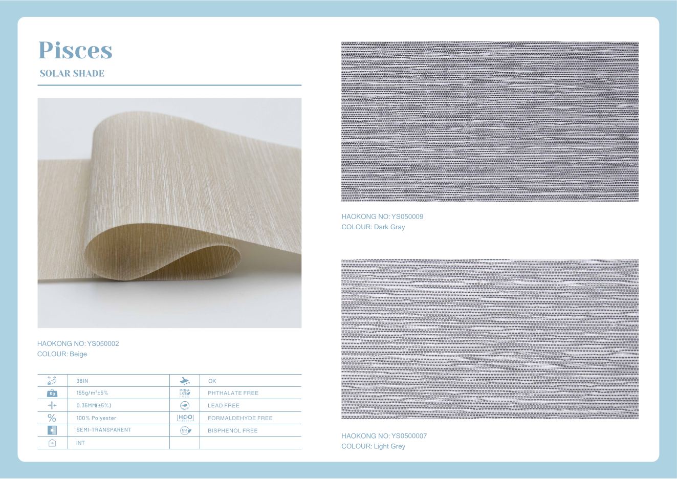 Pisces Solar Shades supplier fabric sheet