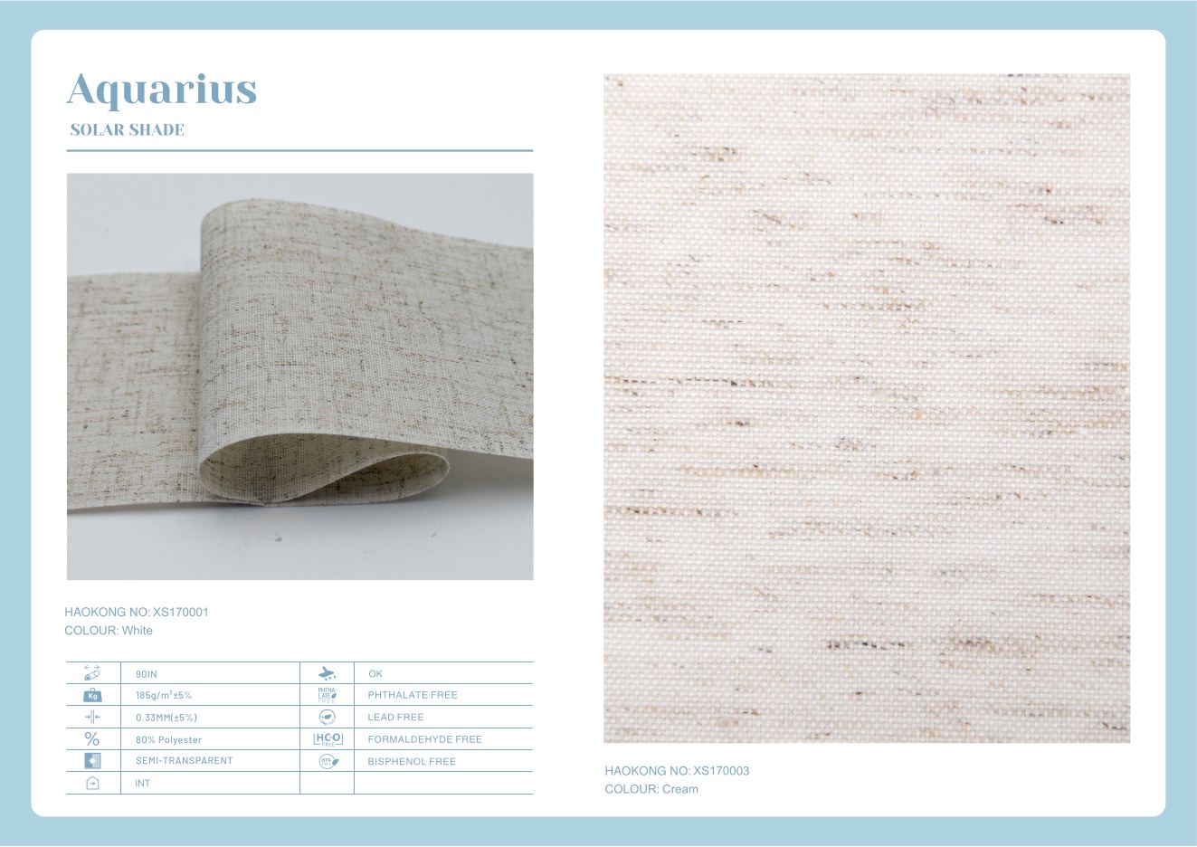 Aquarius Solar Shades supplier fabric sheet