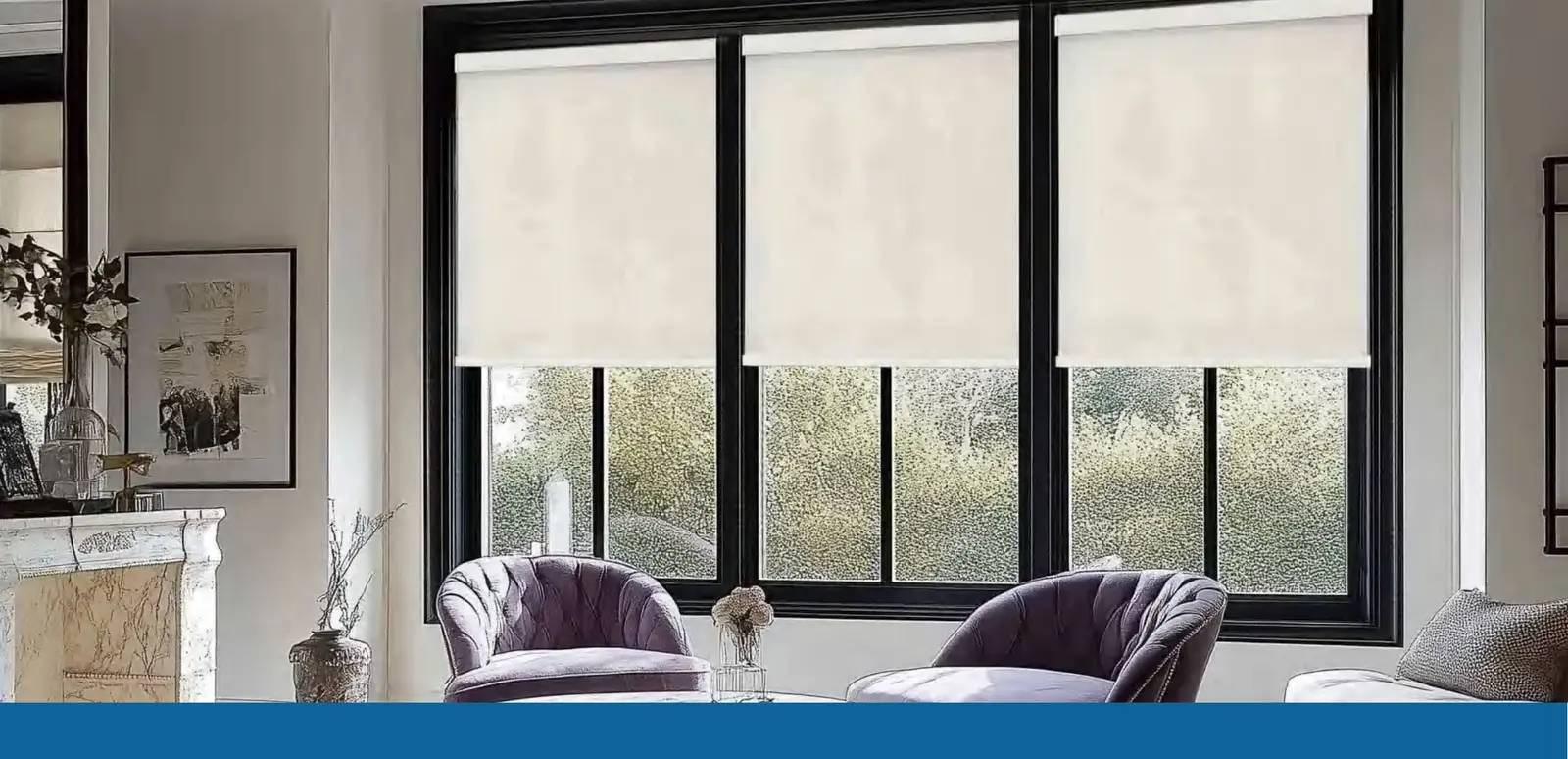 Blackout roller shades in a modern living room