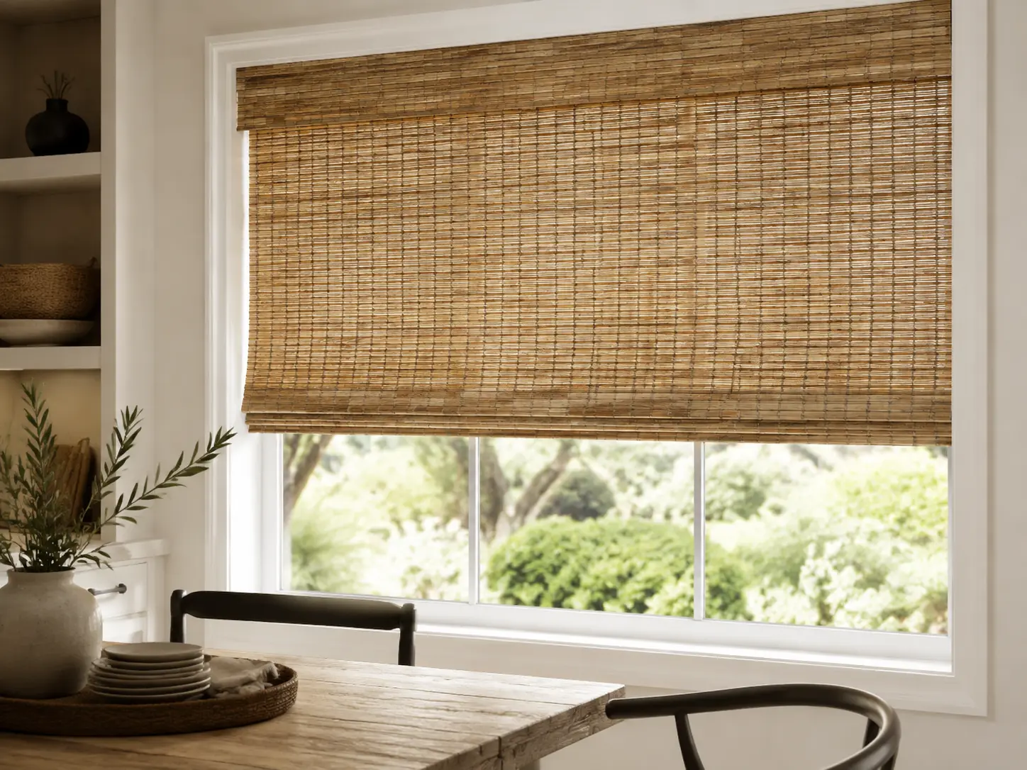 Natural woven wood shade in a bright contemporary dining room